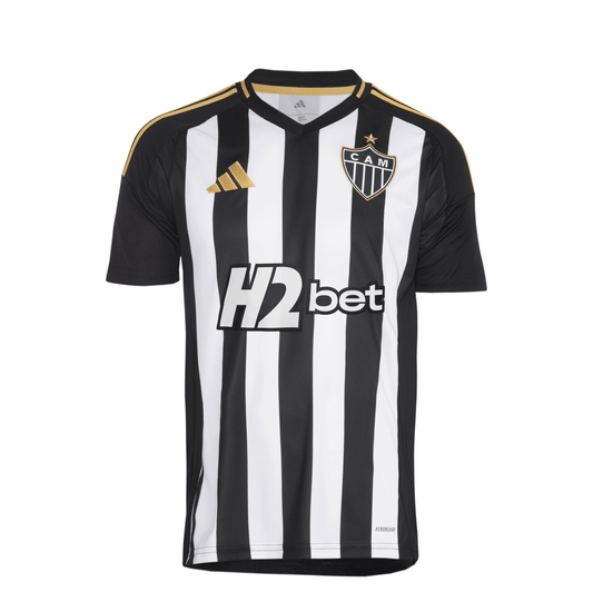 Camiseta oficial Atlético Mineiro 2025 titular preta e branca com listras verticais, detalhes dourados e logo da adidas
